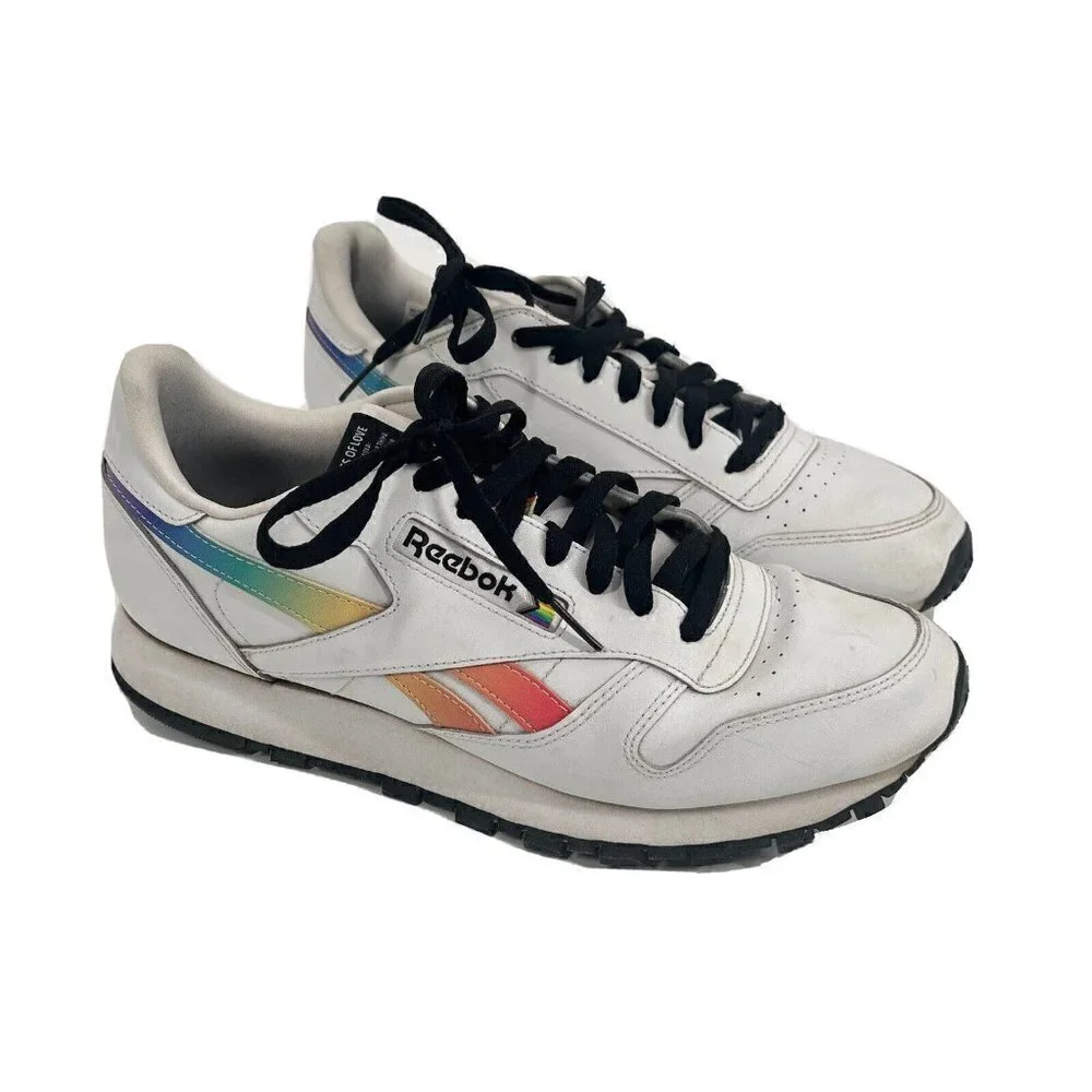 Reebok Classic White Leather Sneakers Rainbow Pride Sz Mens 9.5